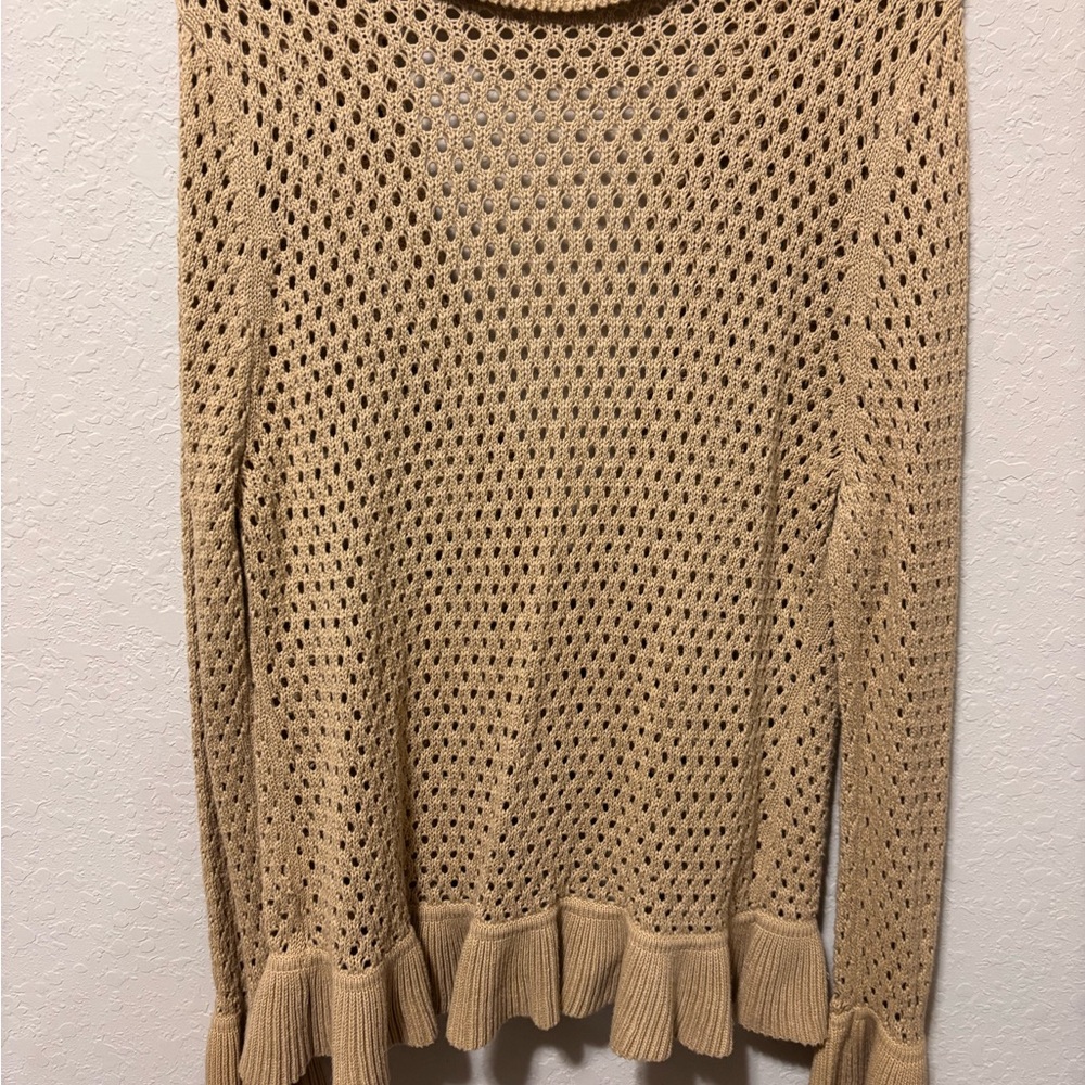 Vtg Pointelle Knit Cardigan XL Tan Ruffle Bell Sleeve Coquette Coastal Boho Doll - Picture 10 of 16